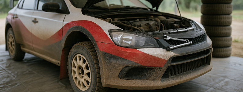 Rallye-Auto in einer Servicepark-Garage mit geoeffneter Motorhaube