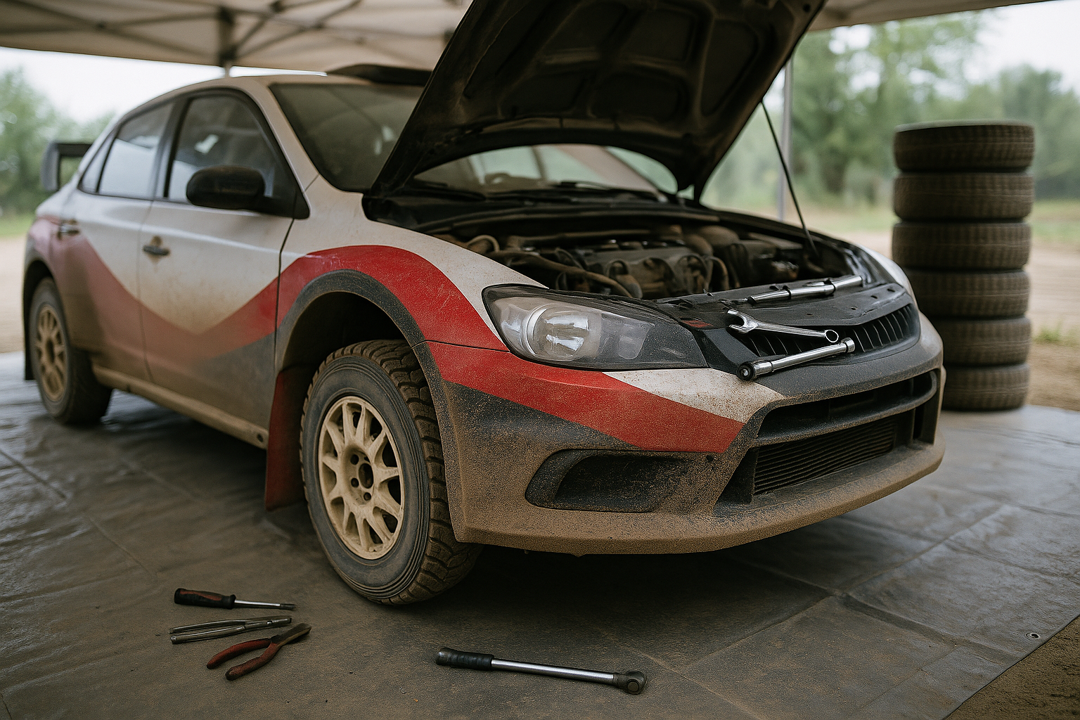 Rallye-Auto in einer Servicepark-Garage mit geoeffneter Motorhaube