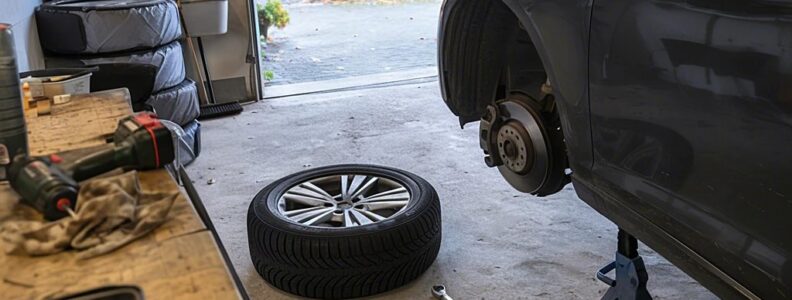 Winterrad vor aufgebocktem Auto in einer Garage mit Drehmomentschlüssel und Werkzeug